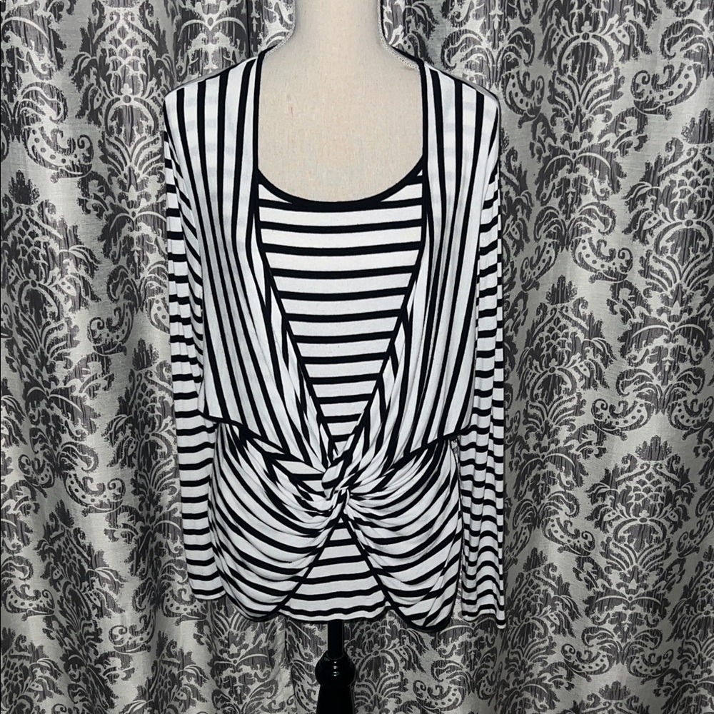 Michael Kors Black White Striped Front Twist Long Sleeve Top